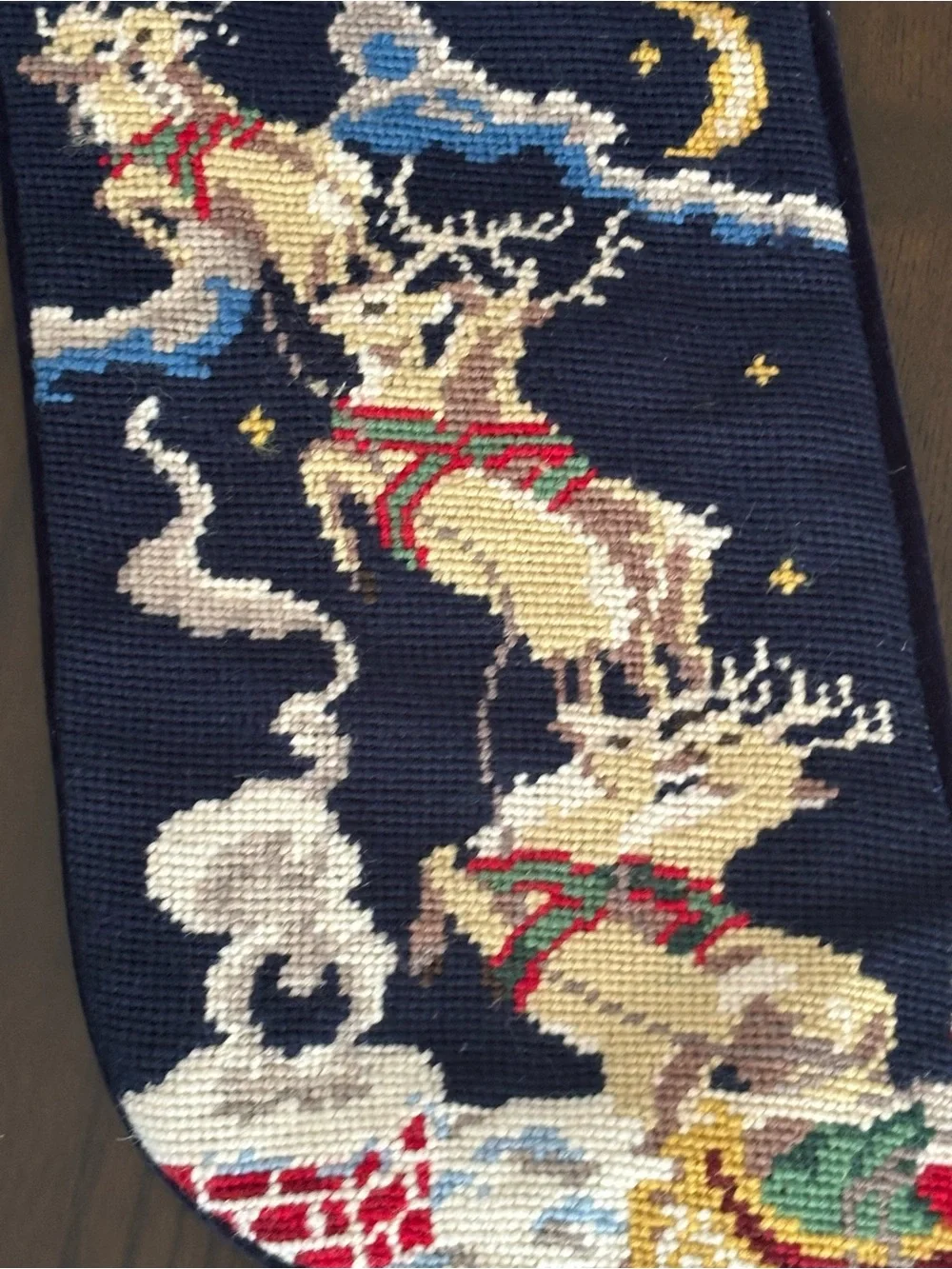 Lands End Needlepoint Christmas Stocking Mom Santa Reindeer 17” Holiday